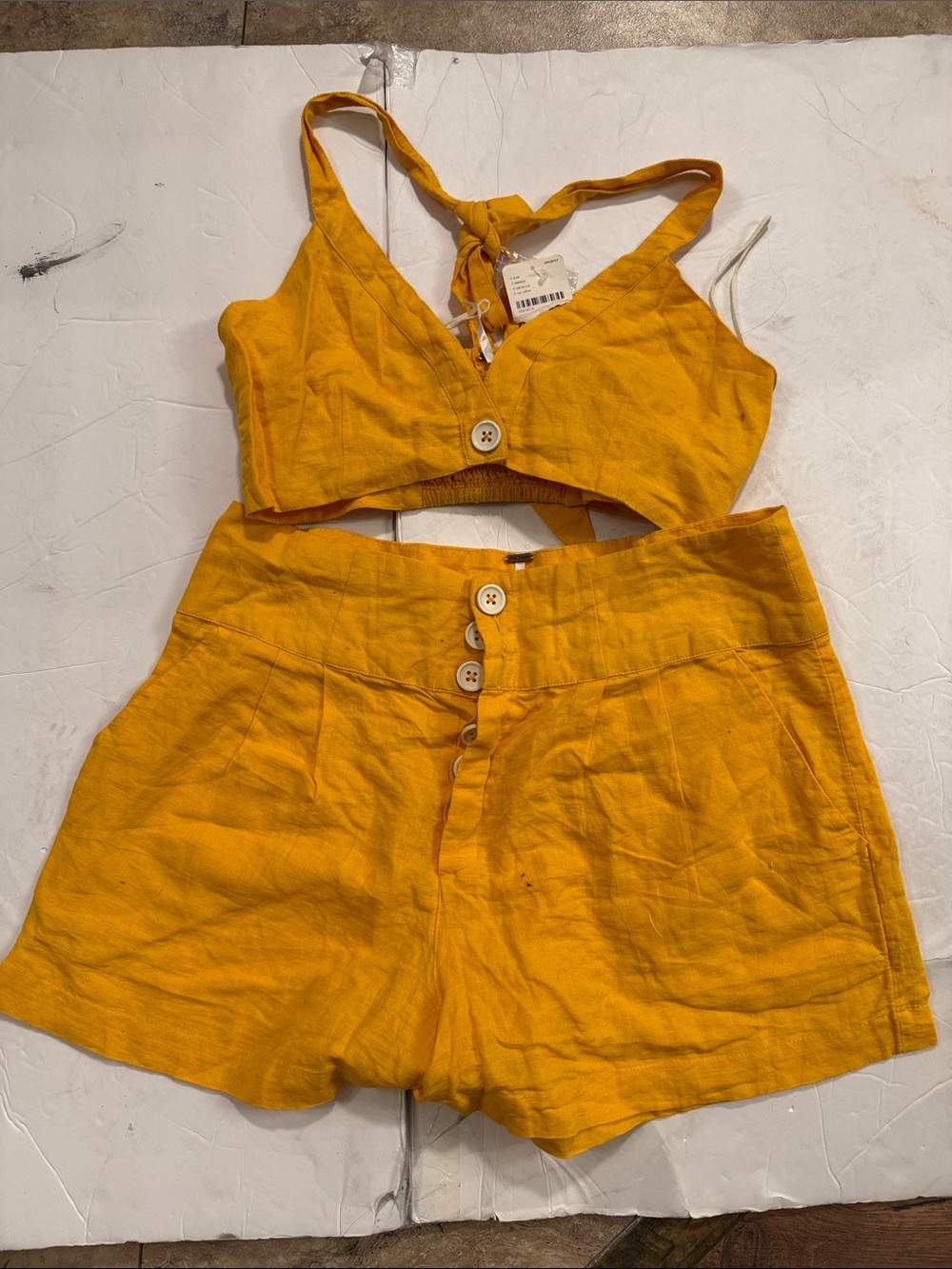 Free People Mustard Yellow High Waist Linen Shorts Set